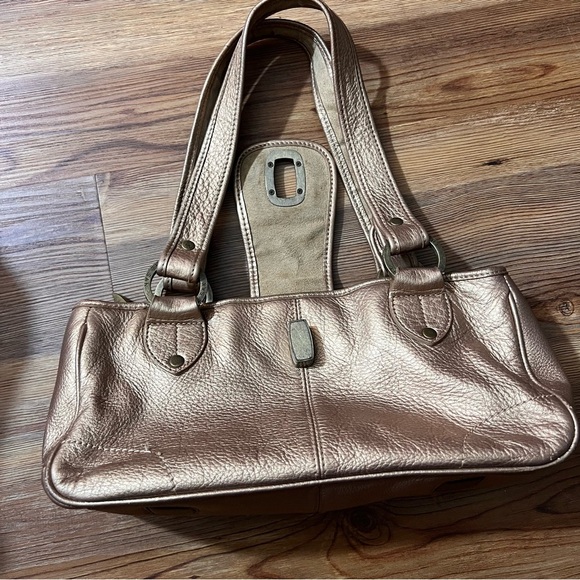 The Sak small leather shoulder bag, gold, double handle turn lock preowned - Picture 7 of 12